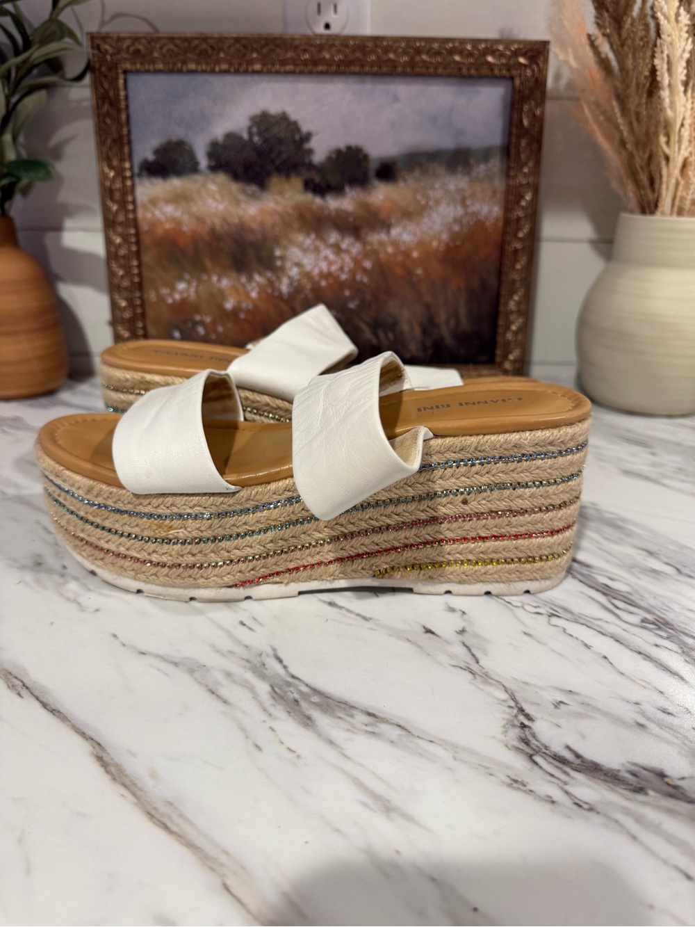 Gianni Bini White Espadrille Platform Slide Sandals with Multicolor Stripe Sole